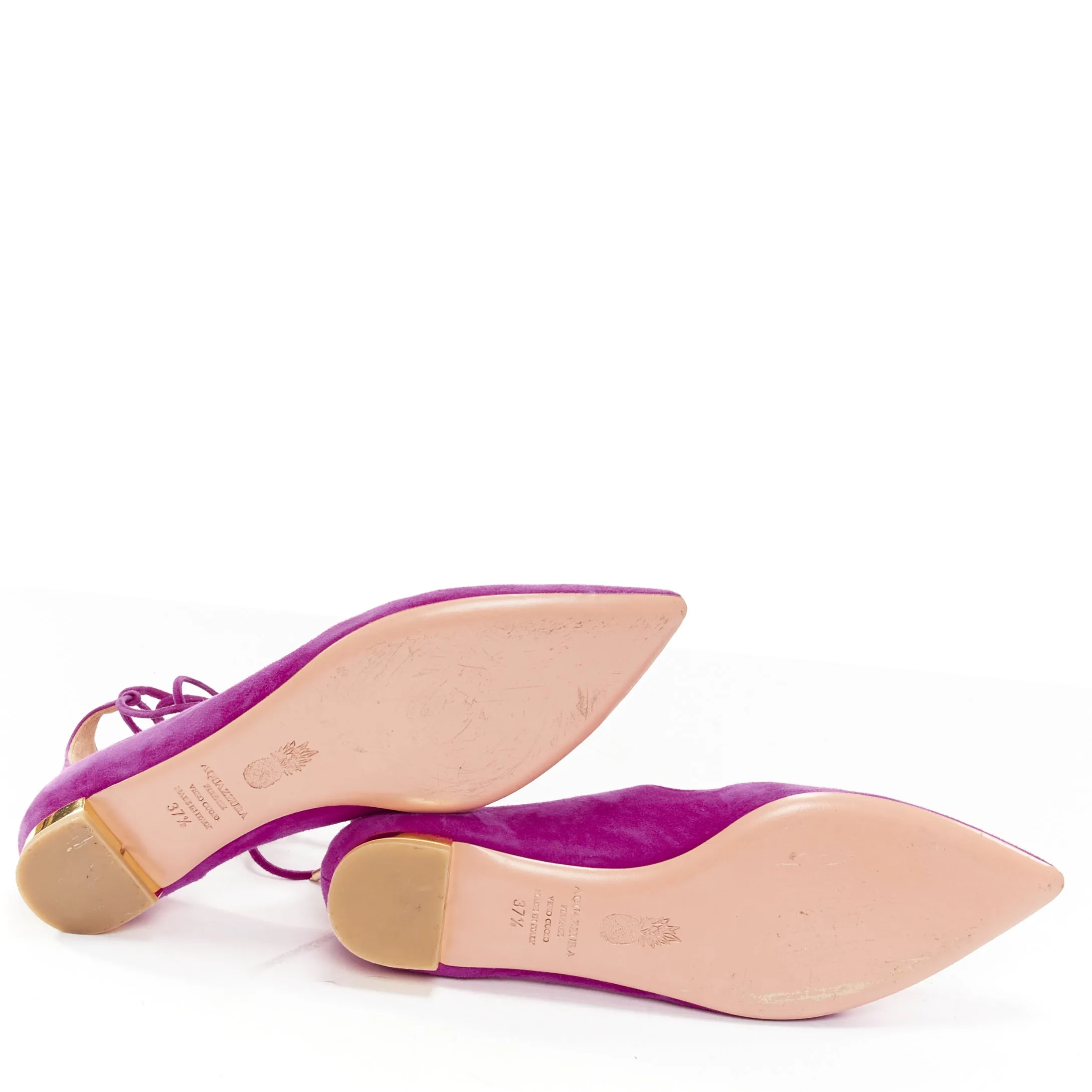AQUAZZURA Belgravia purple suede leather pointy lace up gold heel flats EU37.5
