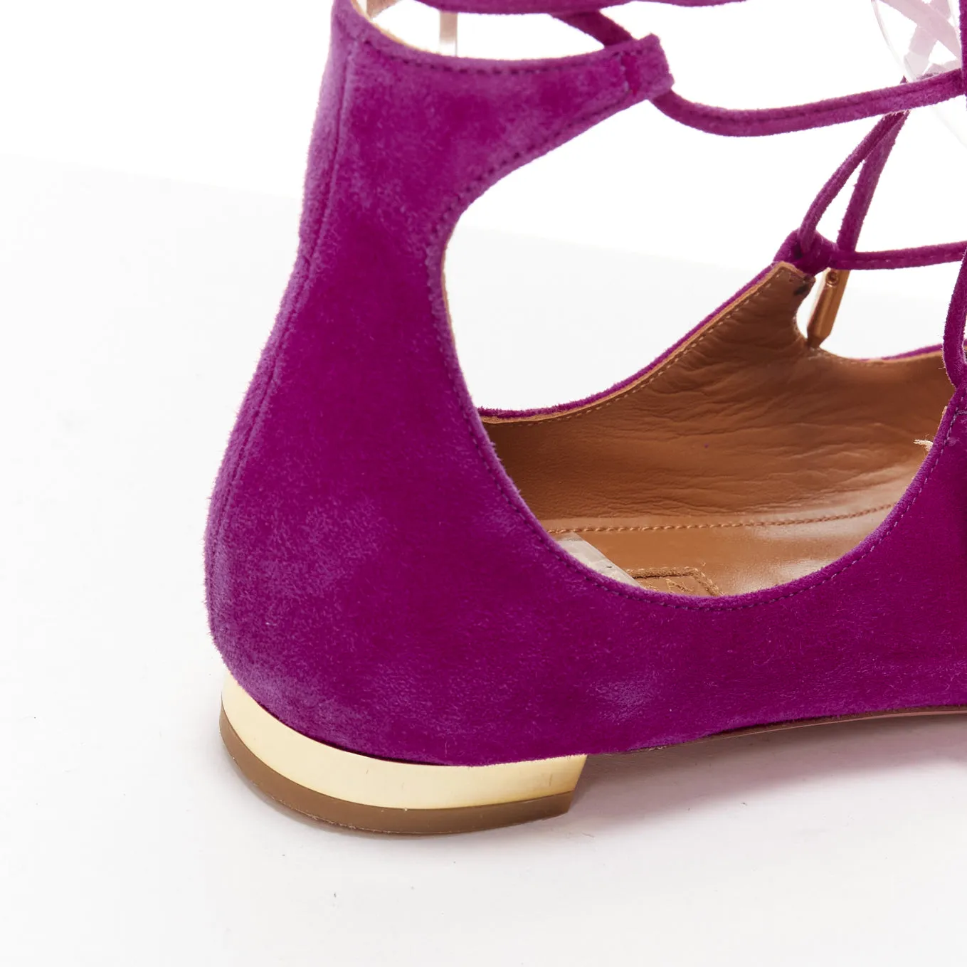 AQUAZZURA Belgravia purple suede leather pointy lace up gold heel flats EU37.5