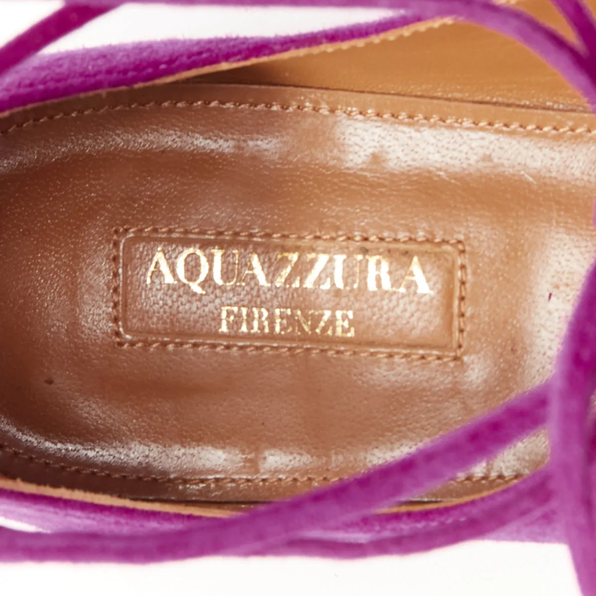 AQUAZZURA Belgravia purple suede leather pointy lace up gold heel flats EU37.5