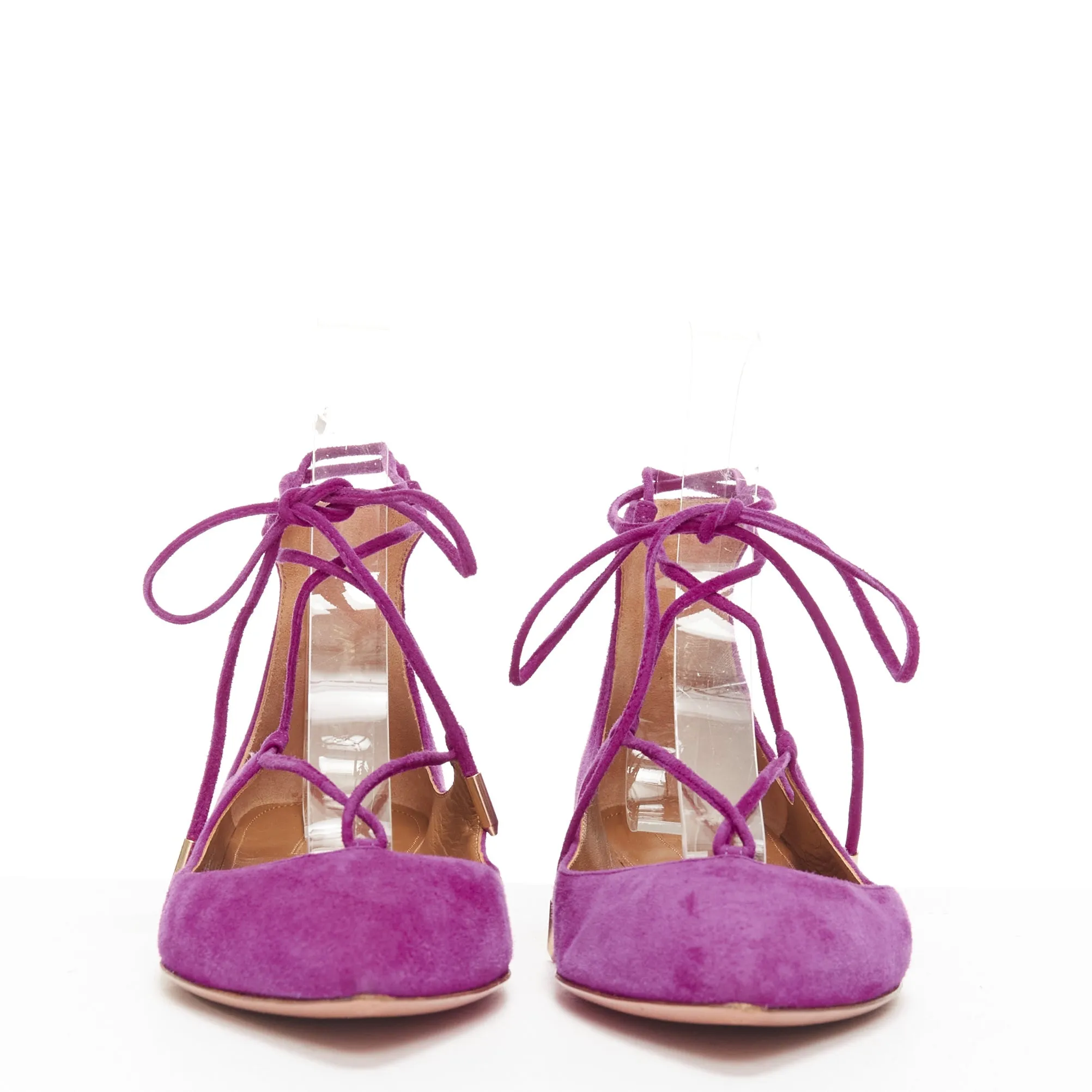 AQUAZZURA Belgravia purple suede leather pointy lace up gold heel flats EU37.5