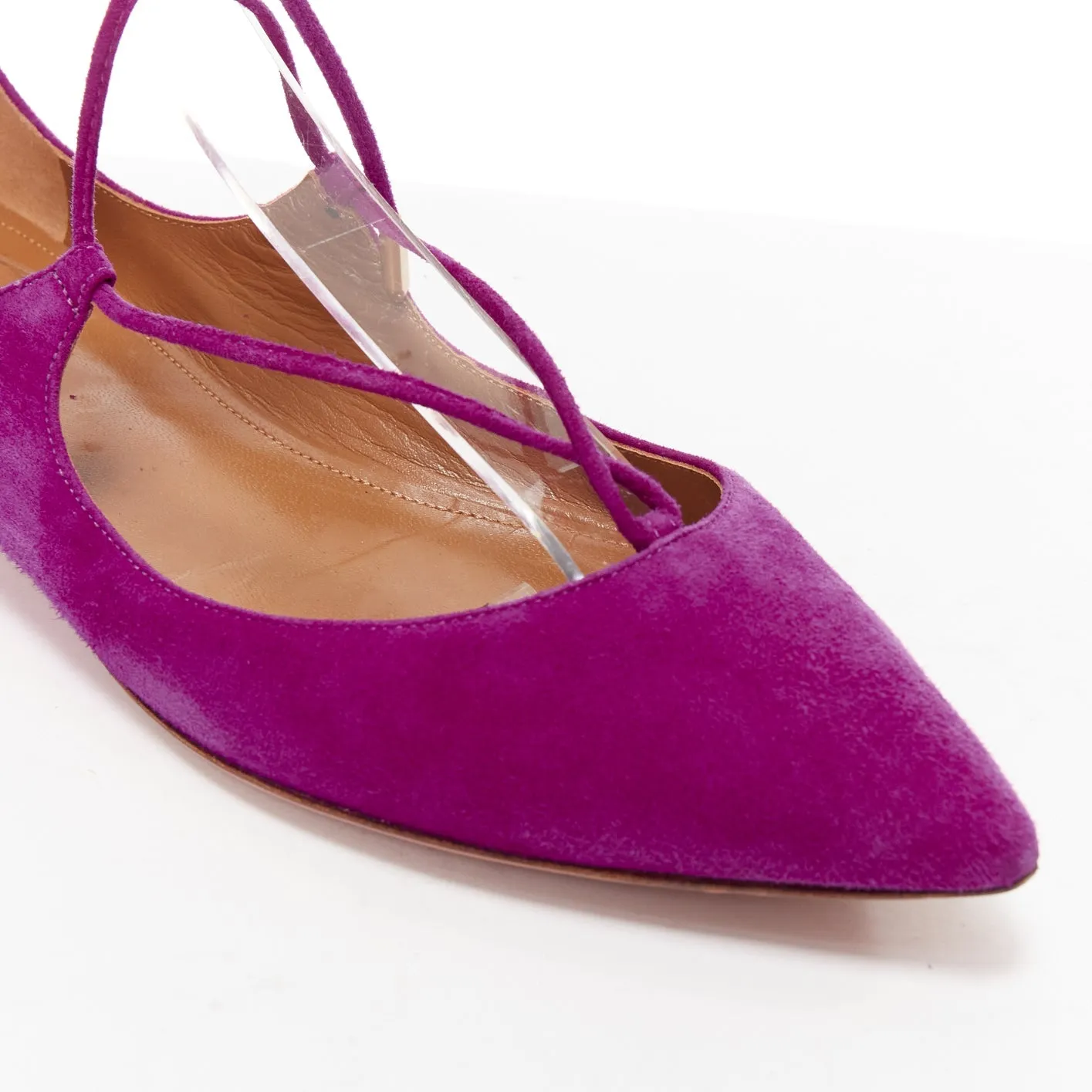 AQUAZZURA Belgravia purple suede leather pointy lace up gold heel flats EU37.5