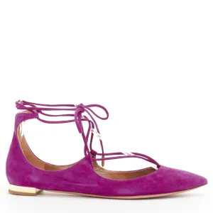 AQUAZZURA Belgravia purple suede leather pointy lace up gold heel flats EU37.5