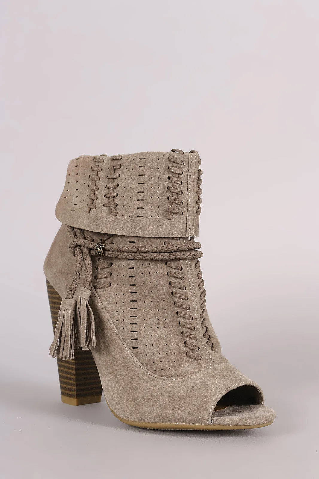 Bamboo Perforated Suede Cuff Tassel-Tie Chunky Heeled Booties