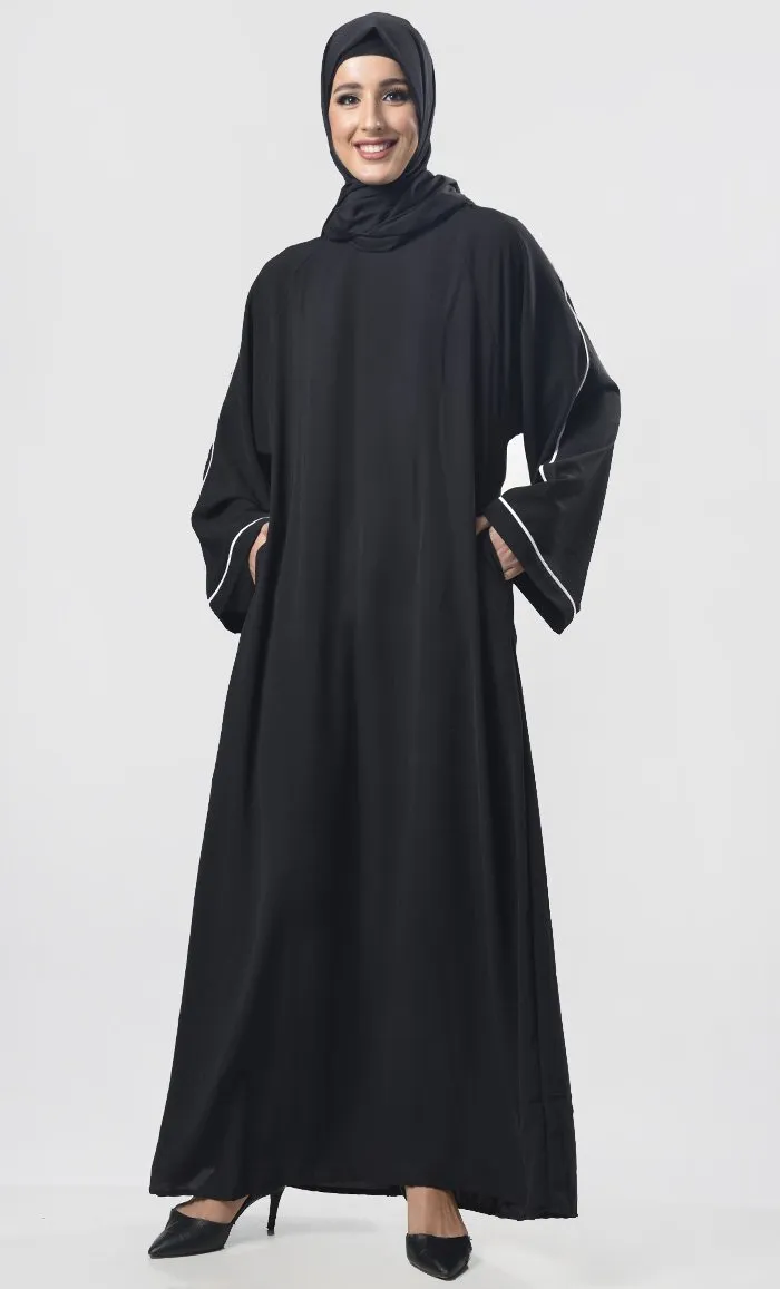 Black Contrast Color Piping Detailing Abaya - Final Sale
