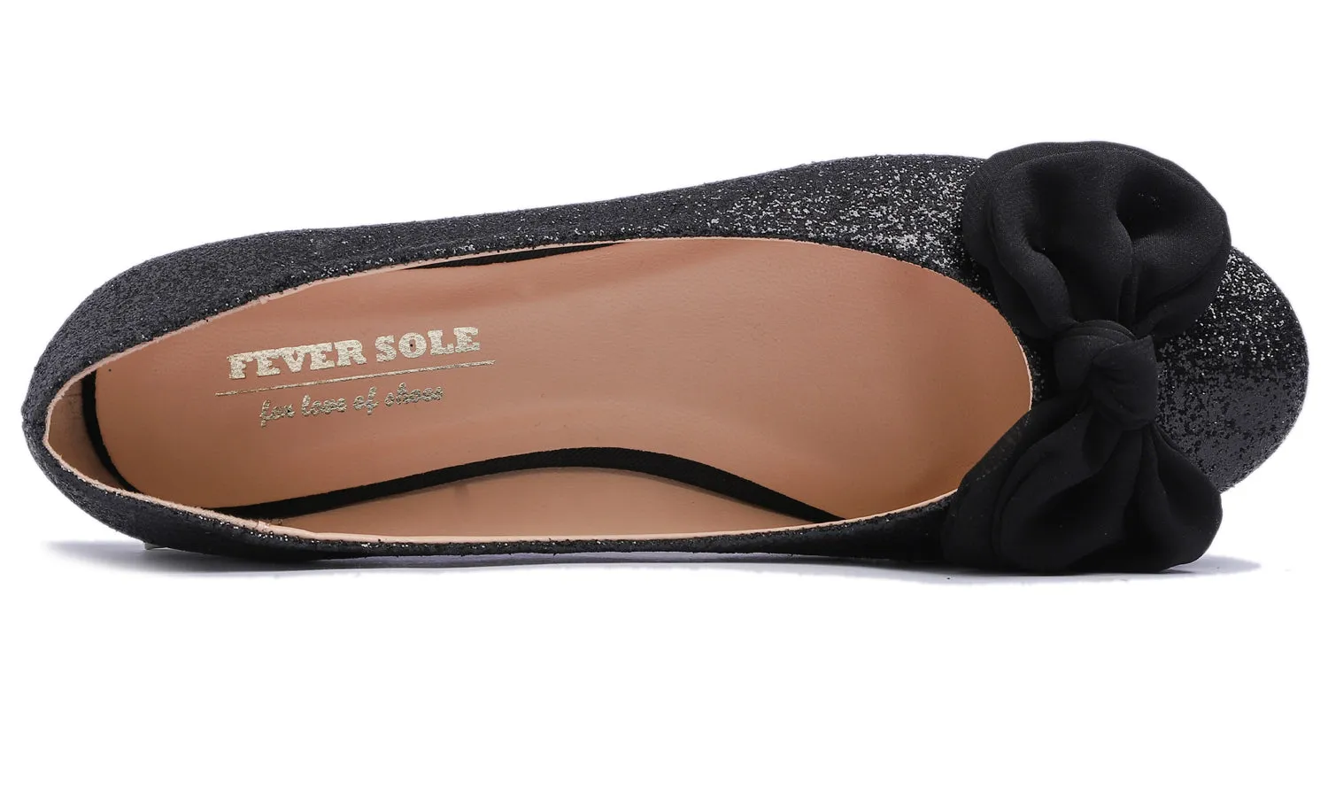 Feversole Women's Round Toe Cute Bow Trim Ballet Flats Black Glitter