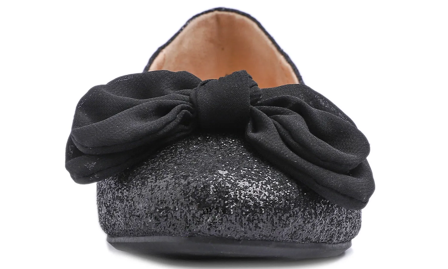 Feversole Women's Round Toe Cute Bow Trim Ballet Flats Black Glitter