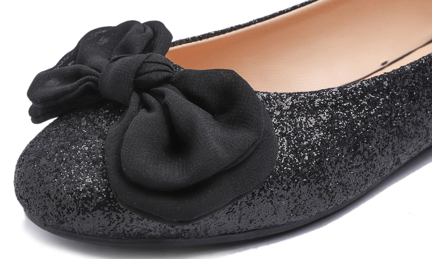 Feversole Women's Round Toe Cute Bow Trim Ballet Flats Black Glitter