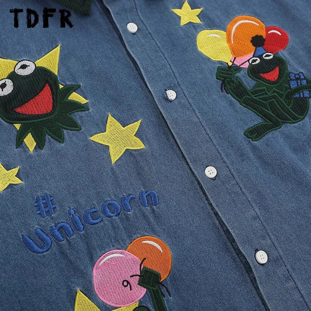 Retro Casual Denim Shirts with Frog Embroidery and Patchwork