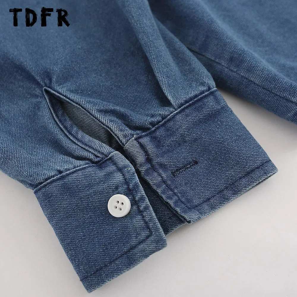 Retro Casual Denim Shirts with Frog Embroidery and Patchwork