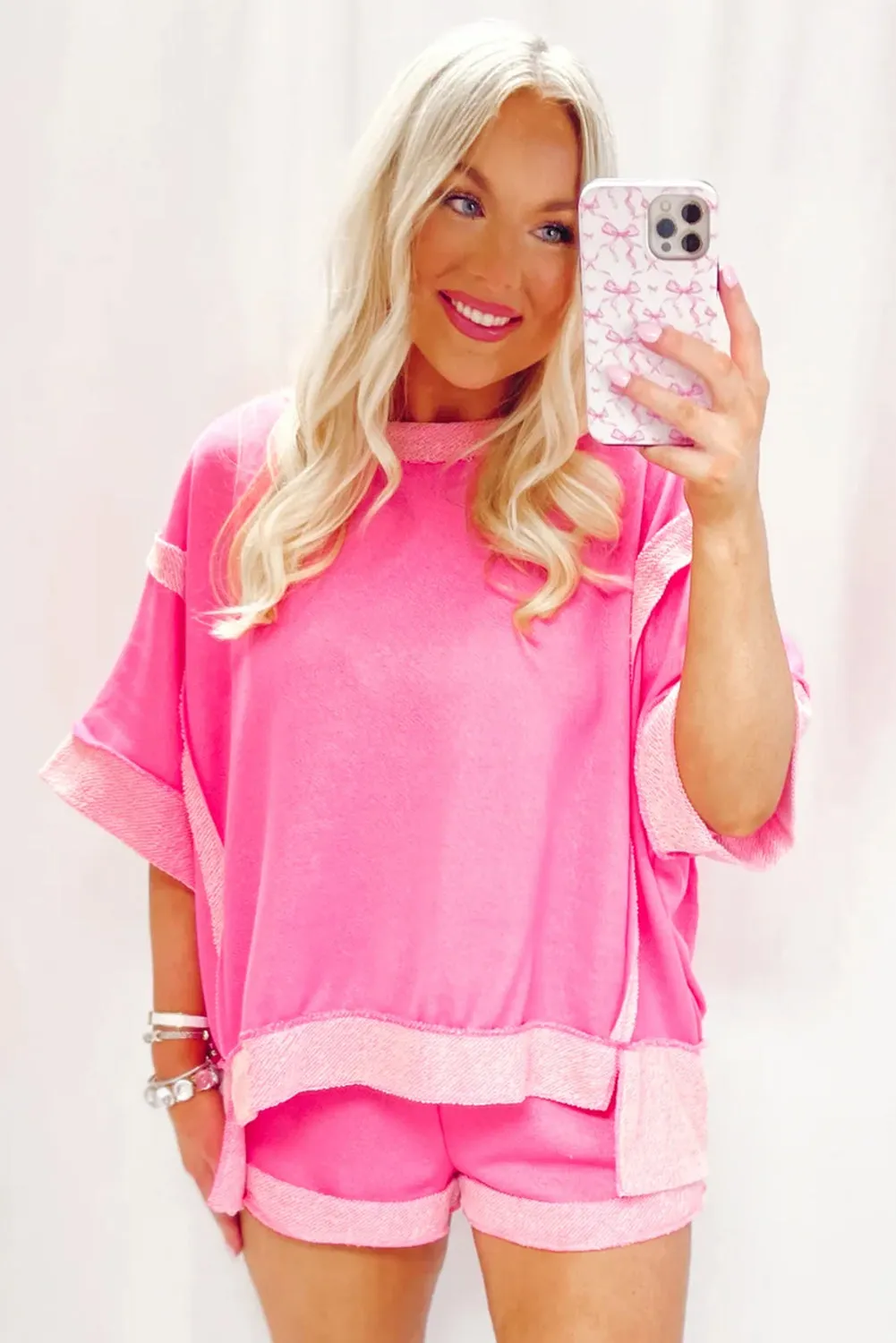 Sachet Pink Colorblock Half Sleeve Top and Shorts Set