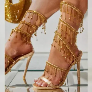 Strappy High Heels: Rhinestone String Bead Ankle strappy heeled sandal