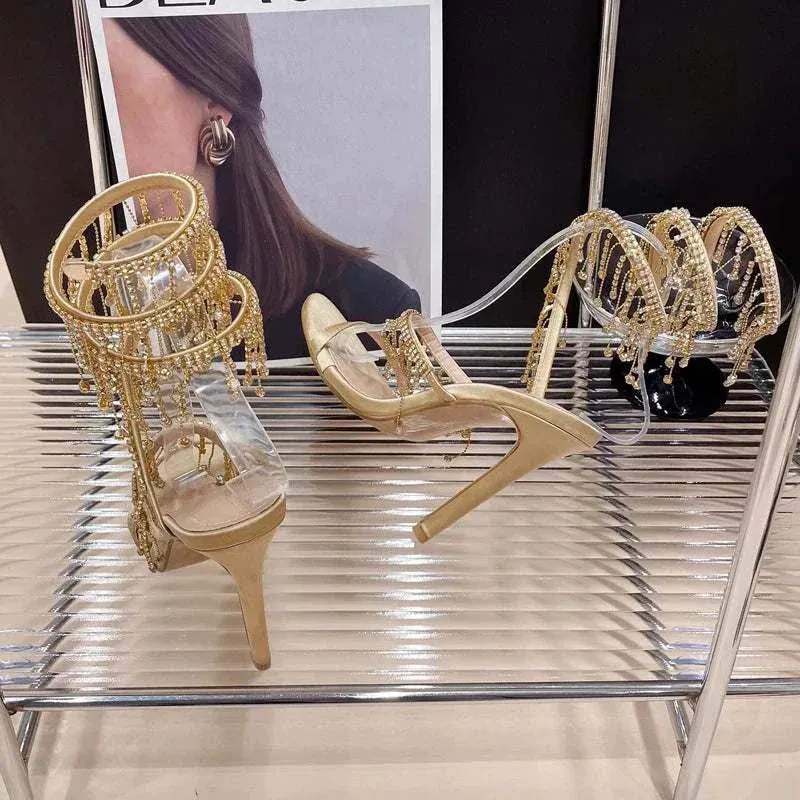 Strappy High Heels: Rhinestone String Bead Ankle strappy heeled sandal