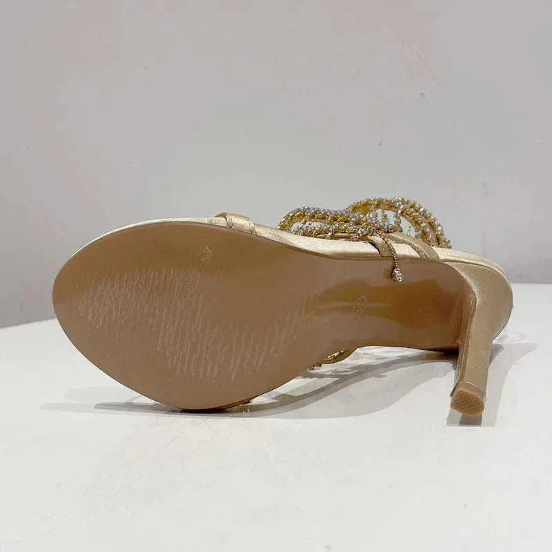 Strappy High Heels: Rhinestone String Bead Ankle strappy heeled sandal