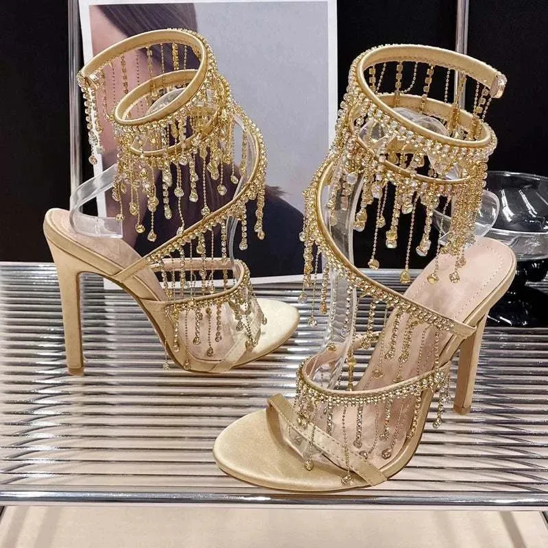 Strappy High Heels: Rhinestone String Bead Ankle strappy heeled sandal