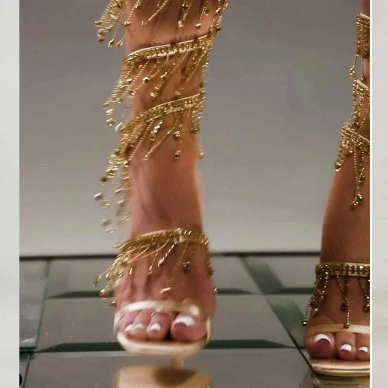 Strappy High Heels: Rhinestone String Bead Ankle strappy heeled sandal