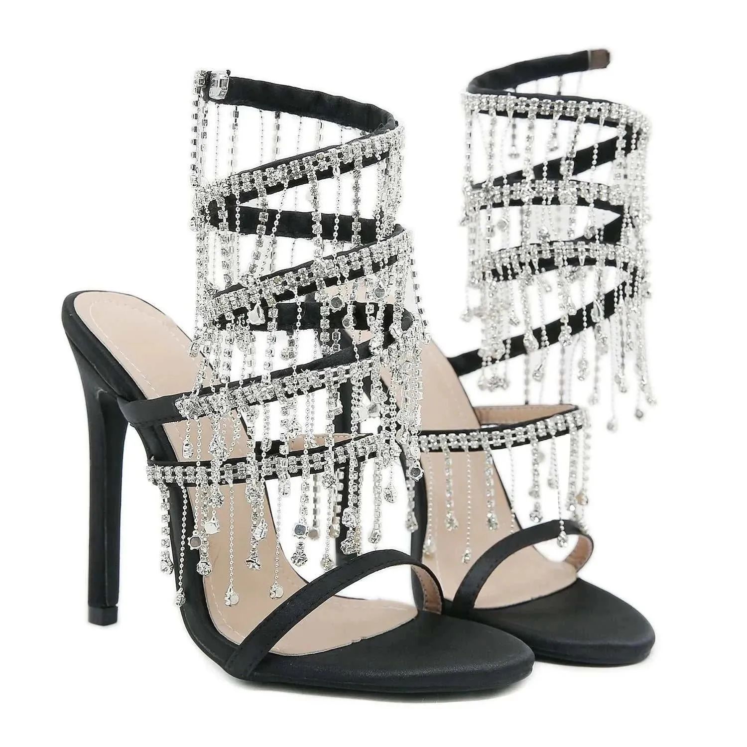 Strappy High Heels: Rhinestone String Bead Ankle strappy heeled sandal