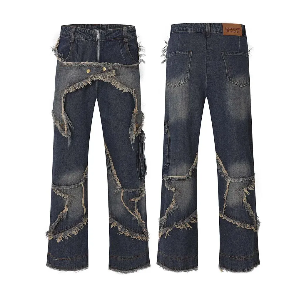 Vintage Baggy Jeans Star Patchwork Loose Straight Denim Pants - Men Streetwear